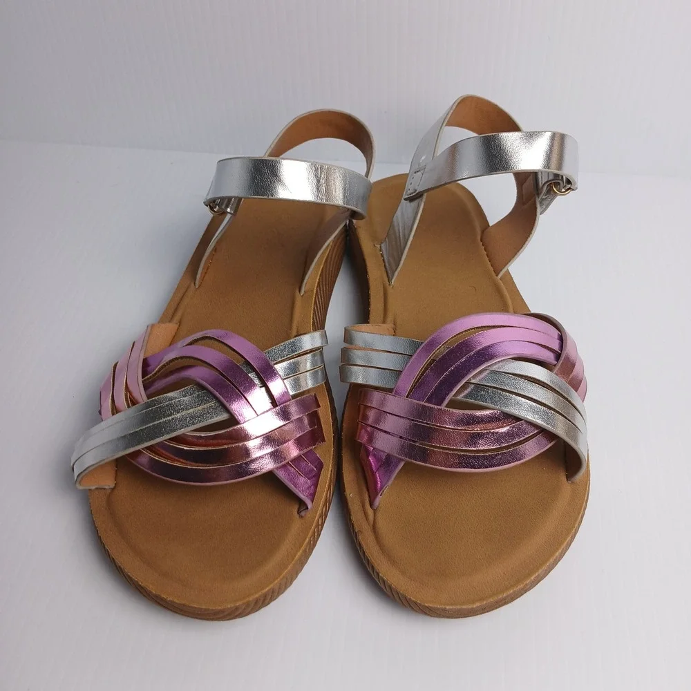 Girls Metallic Strappy Sandals Silver Purple Size 3 Buckle Closure